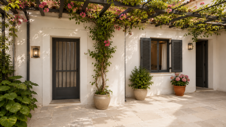 Αυλή με ανθισμένη πέργκολα — Athmonon Courtyard Studios · ενδεικτική απεικόνιση